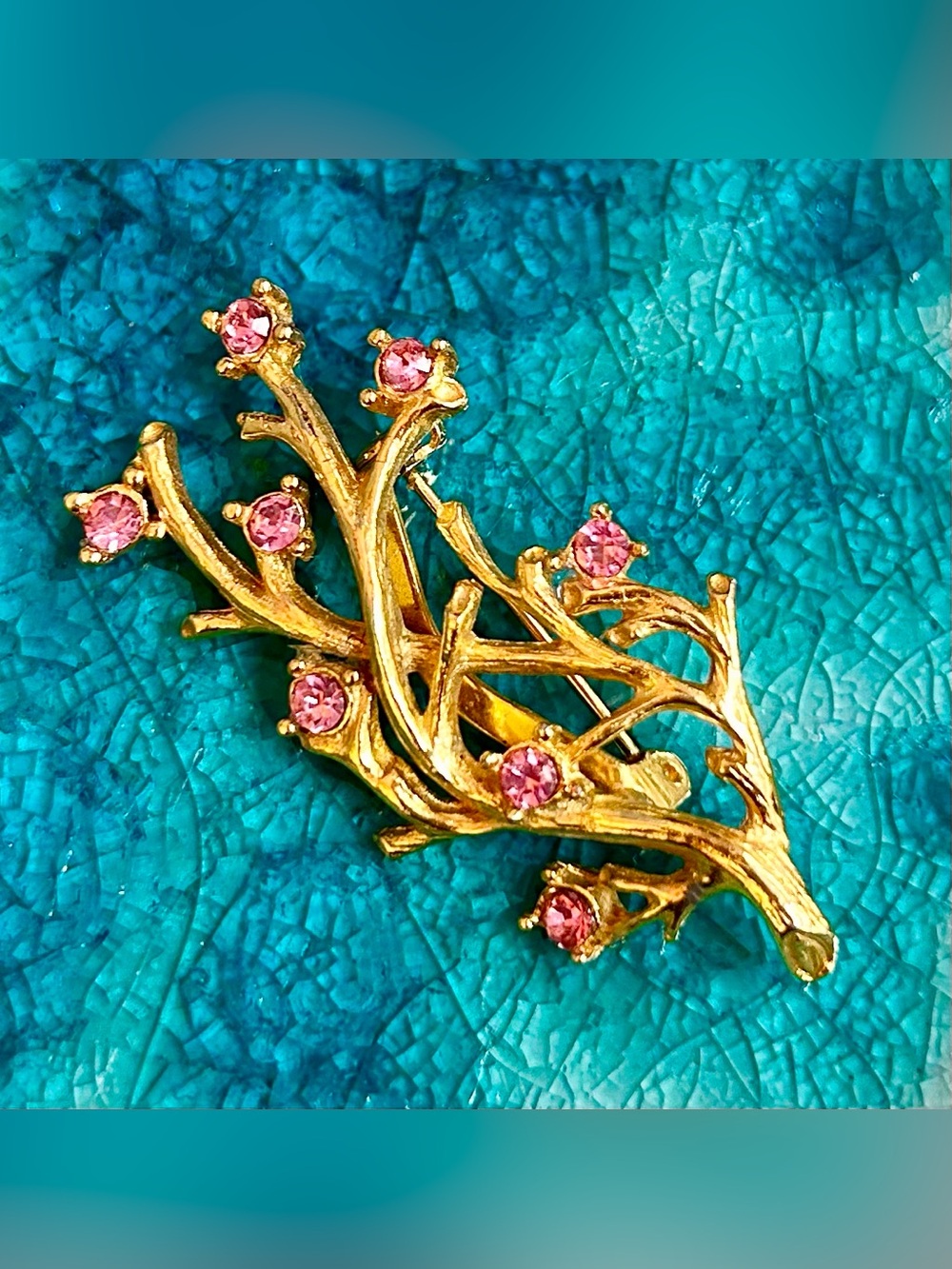 Vintage Floral Branch Brooch Pink Rhinestone Gold-tone